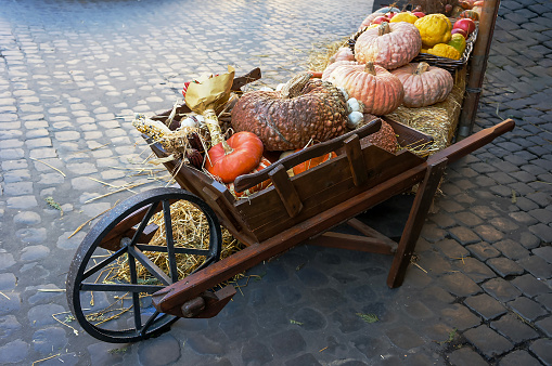 Pumpkins harvest in a wooden cart in a farmer market on the street