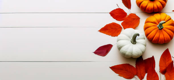 istock Halloween Pumpkin with autmn decoration leaves down view on white floor 1434216140