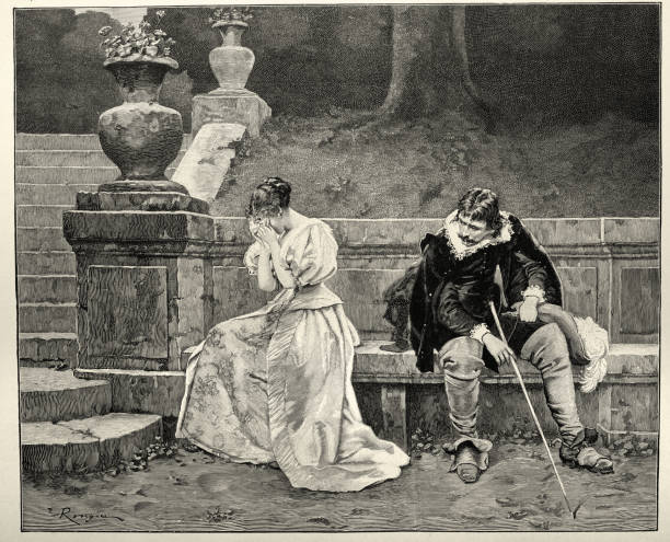 젊은 부부가 헤어지고, 여자가 울고, jeanne rongier의 그림 이후, brouilles, 19 세기 프랑스 미술 - victorian style women history couple stock illustrations