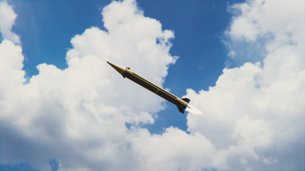 istock Missile flying in the sky, military long range rocket, 3d render 1434218018