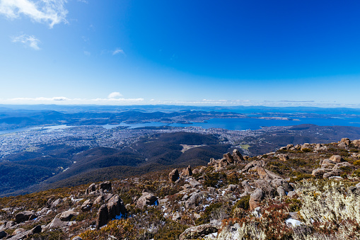 The iconic view from the summit of Mt Wellington on a cold spring morning looking over Hobart in Tasmania, Australia