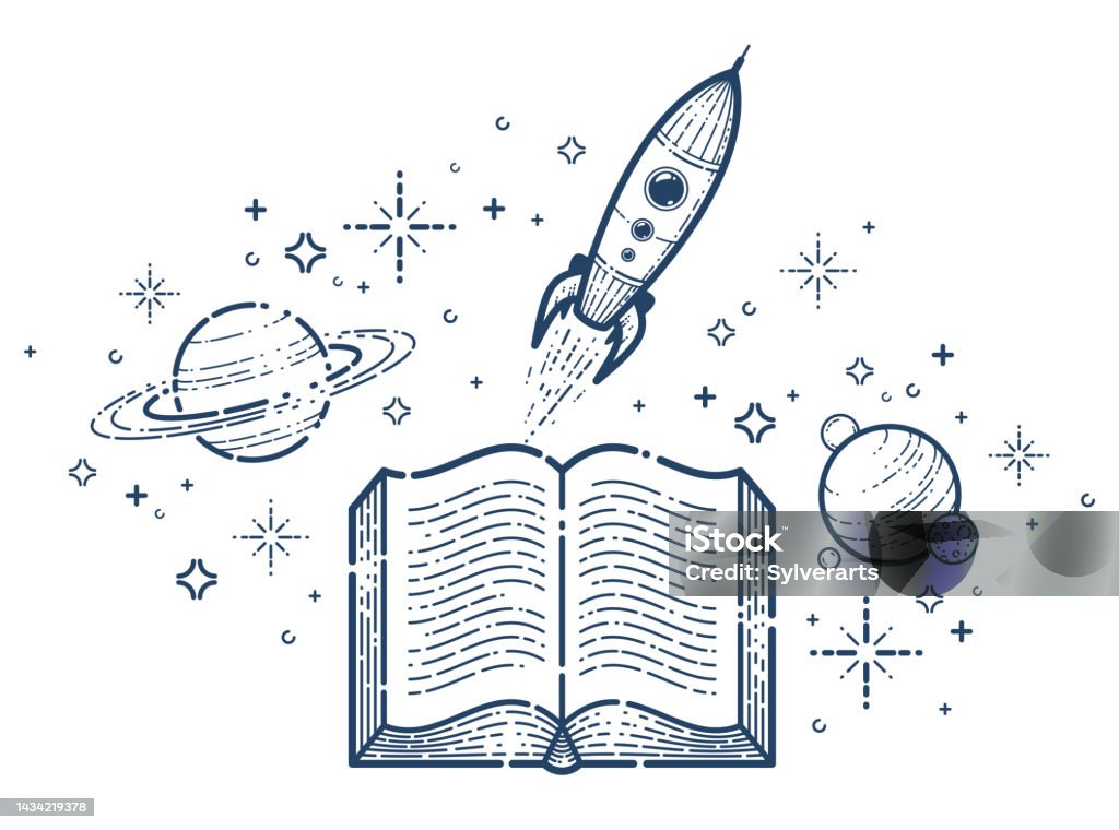 Open Book With Launching Rocket Vector Linear Icon Missile Start Up