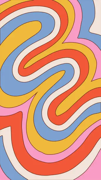 Vector illustration of 1960s vector illustration with liquid groovy rainbow lines. 70s hippie vintage style. Psychedelic retro background for 4k screen poster, gift card, t-shirt, stationery. Vector contour illustration.