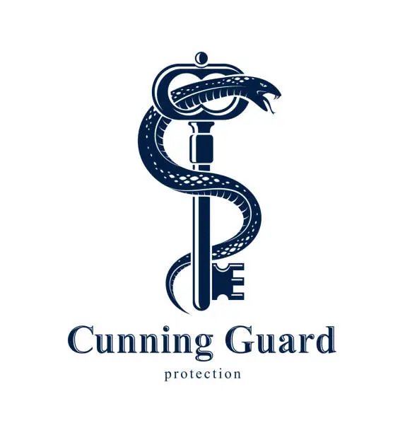 Vector illustration of Snake wraps around vintage key, protected secret concept, turnkey and serpent old style tattoo, vector symbol logo or emblem.