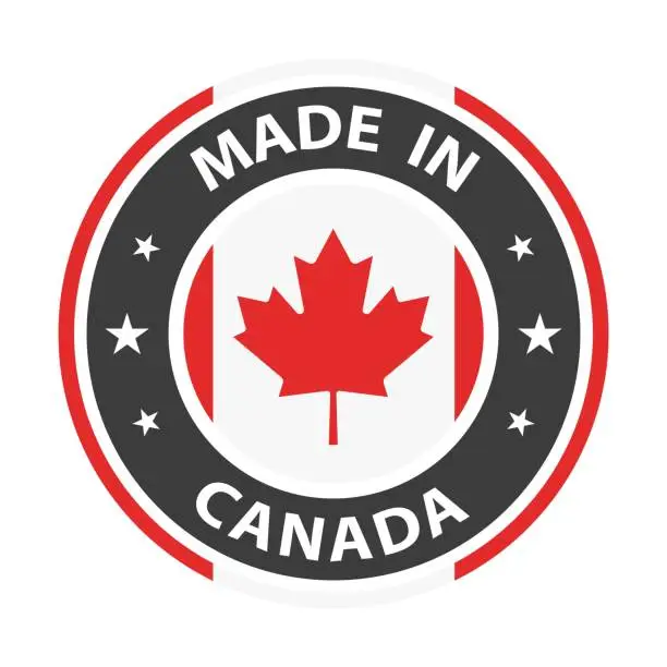 Vector illustration of Made in Canada badge vector. Sticker with stars and national flag. Sign isolated on white background.