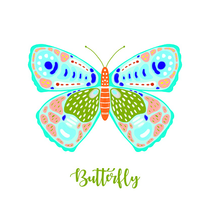 Hand Drawn Pastel Colored Butterfly Poster. Design Element, Clip art, Template for  Greeting and Invitation Cards.