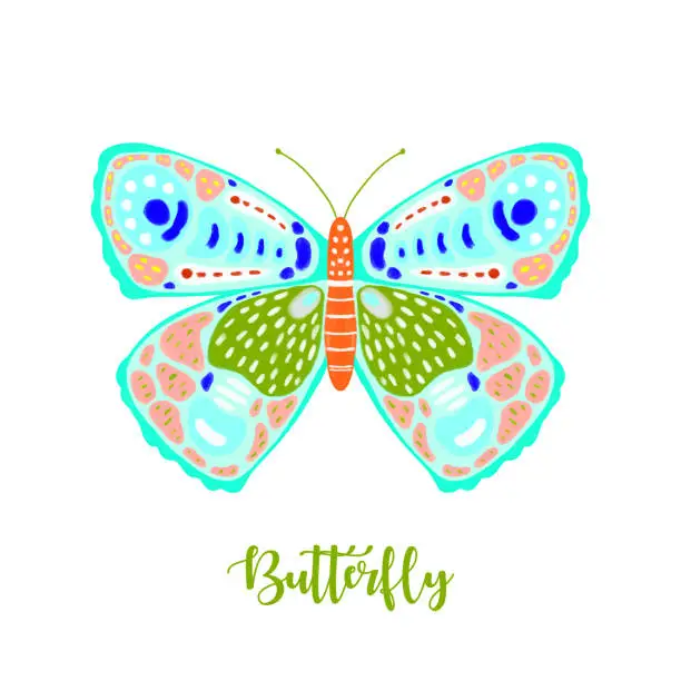 Vector illustration of Hand Drawn Pastel Colored Butterfly Poster. Design Element, Clip art, Template for  Greeting and Invitation Cards.