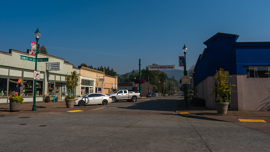 10/15/2022 City of Castle Rock street view with stores churches, post office, and few people