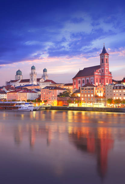 Bavarian town Passau by twilight stock photo