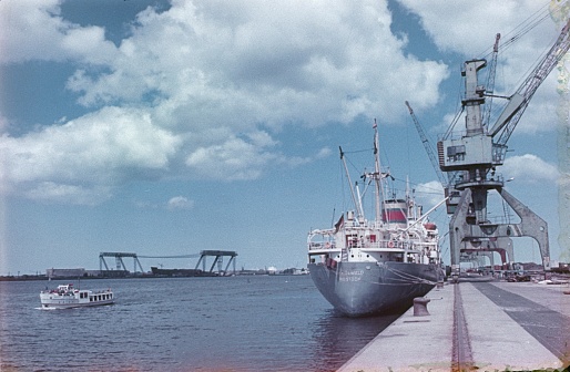 Rostock, Mecklenburg Western Pomerania, Germany (GDR), 1975. The cargo port of Rostock.