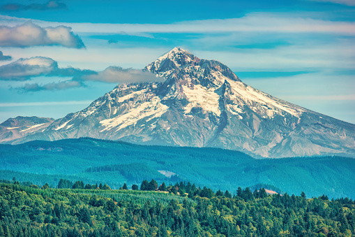 Landscape with Mount Hood from Jonsrud View Point in Sandy, Oregon, USA.