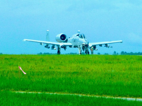 Valdosta, Georgia, USA - July 22, 2014: An A-10C Thunderbolt II based at Moody Air Force Base prepares to take off from the base on a hot, summer day.