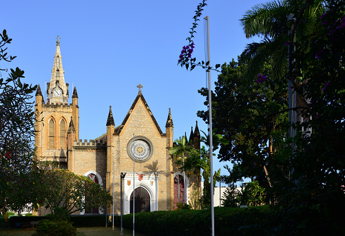Port of Spain, Trinidad island, Trinidad and Tobago: garden and Holy Trinity Cathedral (Anglican), British colonial building completed in 1823, designed by Philip Reinagle -  neo-Gothic style.