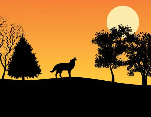 Vector illustration of Howling Wolf Silhouette Background with Moon