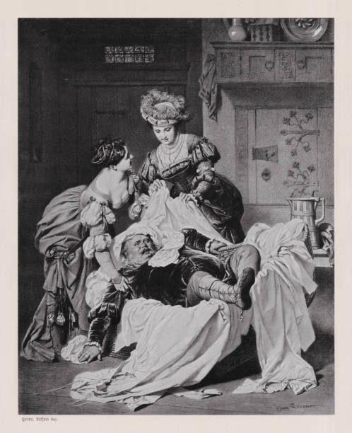 The Merry Wives of Windsor by William Shakespeare, published 1886 The Merry Wives of Windsor (Act III, Scene 3), comedy by William Shakespeare. Photogravure after a drawing by Heinrich Lossow (German painter, 1843 - 1897), published in 1886. engraving william shakespeare art painted image stock illustrations