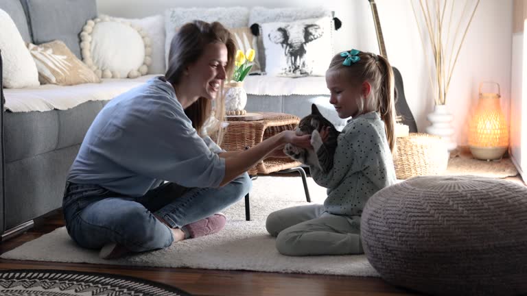 Mother and daughter are having crazy fun playing with the cat at home