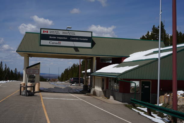 Canada USA Border crossing at Chief Mountain. Chief Mountain is in the background. This border crossing is closed during the winter.
