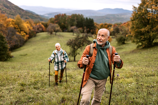 Active senior couple on a walk in a beautiful autumn nature. Man and a woman seniors hiking in mountains using hiking poles.