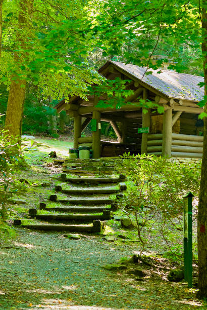 Monongalia County, West Virginia, USA - September 20, 2022: A rustic group picnic shelter at Coopers Rock State Forest near Morgantown is a popular location for group gatherings.
