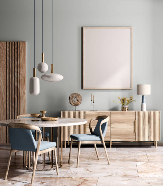 interior design di sala da pranzo moderna o soggiorno, tavolo e sedie in marmo. madia in legno sopra parete blu. interni della casa. rendering 3d - interni foto e immagini stock