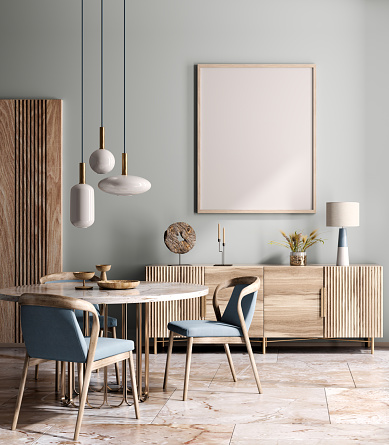 Interior design of modern dining room or living room, marble table and chairs. Wooden sideboard over blue wall. Home interior with pendant light. 3d rendering