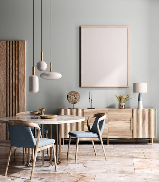 Interior design of modern dining room or living room, marble table and chairs. Wooden sideboard over blue wall. Home interior. 3d rendering Interior design of modern dining room or living room, marble table and chairs. Wooden sideboard over blue wall. Home interior with pendant light. 3d rendering from the inside stock pictures, royalty-free photos & images