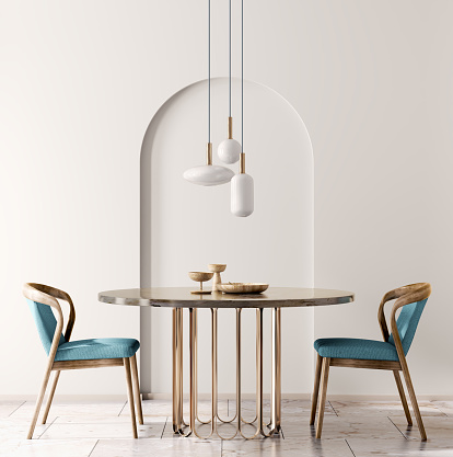 Diseño interior con mesa redonda y sillas de mármol. Moderno comedor con pared beige. Diseño de interiores de cafeterías, bares o restaurantes. Interior de la casa. Renderizado 3D photo