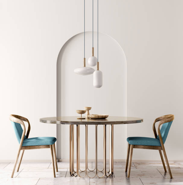 Interior design with marble round table and chairs. Modern dining room with beige wall. Cafe, bar or restaurant interior design. Home interior. 3d rendering Interior design with marble round table and blue chairs. Modern dining room with beige wall. Cafe, bar or restaurant interior design. Home interior with pendant light. 3d rendering streaky lights stock pictures, royalty-free photos & images