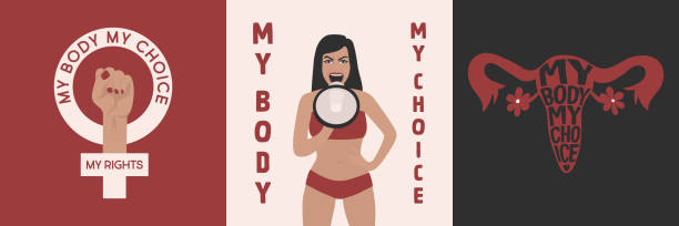 my body my choice sign. women s rights poster set, women s demanding continued access to abortion after the ban on abortions, roe v wade. women s rights to abortion. protest, feminism concept placard - roe vs wade 幅插畫檔、美工圖案、卡通及圖標