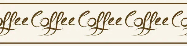 Vector illustration of Coffee word in hand-drawn vector calligraphy and unique brush pen lettering border. Seamless banner with script text and striped edging. For ribbon, trim, tape, cafes, restaurants, bakery, packaging