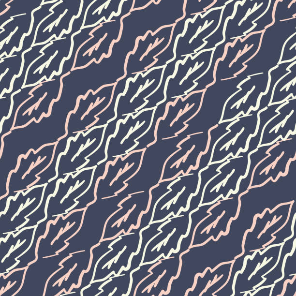 抽象的な葉の花輪斜めの縞模様のベクトルシームレスなパターンの背景。青いピンクの縞模様の背景に、単一の結合された葉があります。平行な輪郭の葉の繰り返し。パッケージング、ウェ� - single line ornate in a row striped点のイラスト素材／クリップアート素材／マンガ素材／アイコン素材