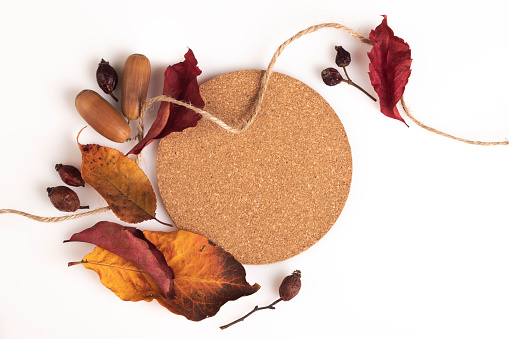 Round cork showcase or podium with autumn leaves
