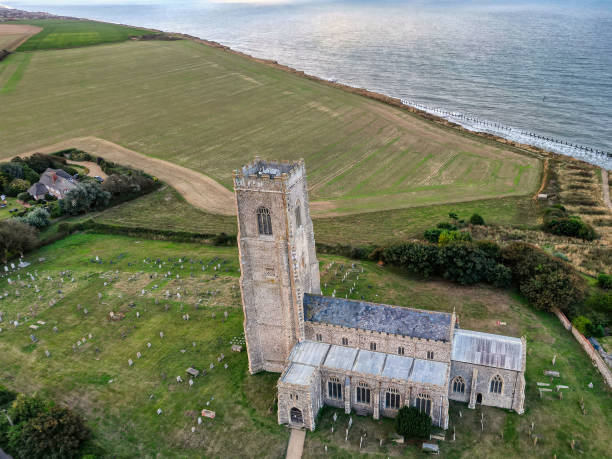 Aerial view of the historic old church in Happisburgh stock photo
