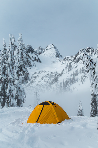 A small yellow camping tent sitting on a snow-capped, tree-covered mountain near Source Lake in Washington State.