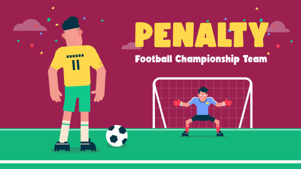 Football player takes penalty kick and the goalkeeper tries to save the kick, Football competition symbol, Flat Avatar illustration Football player takes penalty kick and the goalkeeper tries to save the kick, Football competition symbol, Flat Avatar illustration midfielder stock illustrations