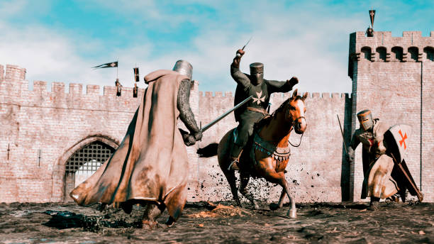 istock Medieval battlefield where knights fighting with swords 1434244395