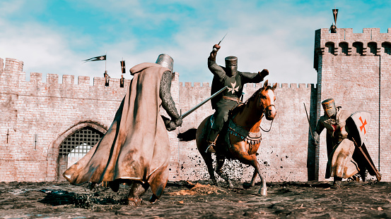 Knights in armor fights with swords. One of the knights stands on the muddy ground and the other one attacks while riding on a war horse. Castle in the background with soldier on guard.