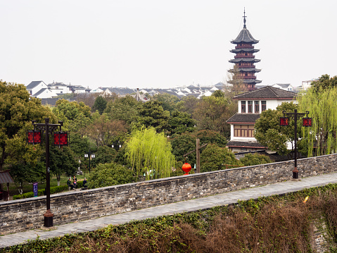 Suzhou, China - March 21, 2016: View of Ruiguang pagoda from Panmen gate - Suzhou, China