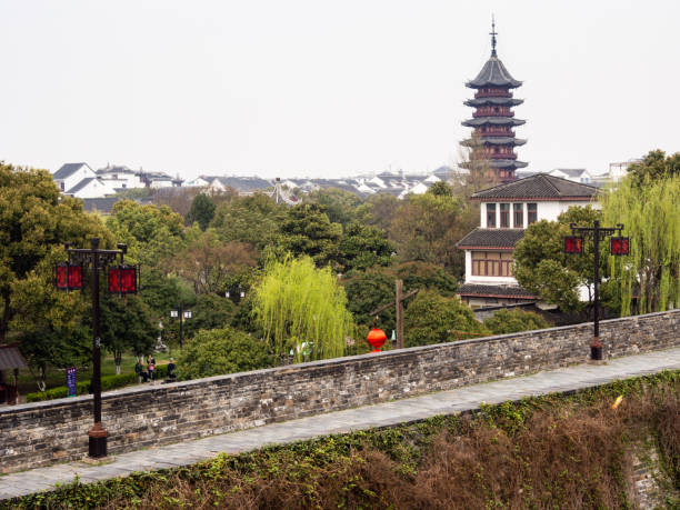 View of Ruiguang pagoda from Panmen gate - Suzhou, China stock photo