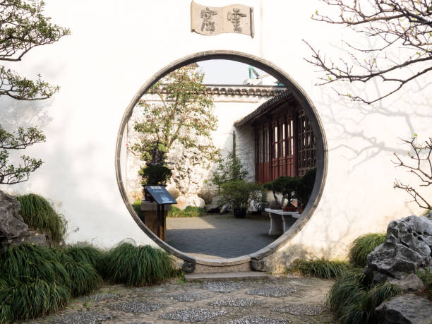 Suzhou, China - March 21, 2016: Round gate in classical Master of the Nets Garden