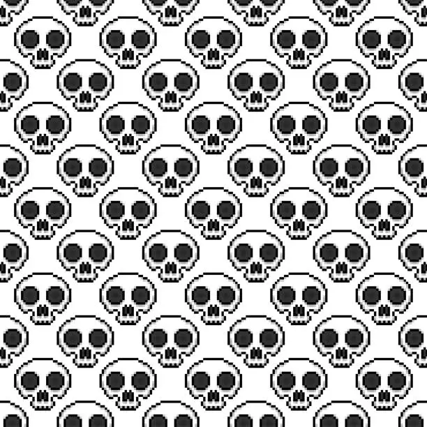 Vector illustration of Small pixel skulls isolated on white background. Cute seamless pattern. Vector simple flat graphic illustration. Texture.