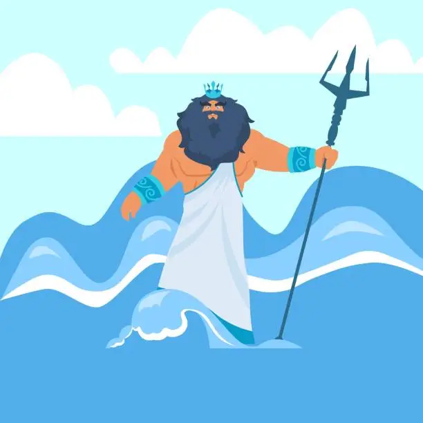 Vector illustration of Cartoon Greek god. Poseidon with trident. Ocean waves. Neptune in sea water. Powerful male mythical character. Muscular man in toga and crown. Olympus deity. Vector cartoon illustration