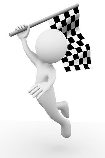 Design element in 3D: Race steward waving the checkered flag to declare the winner of the race.