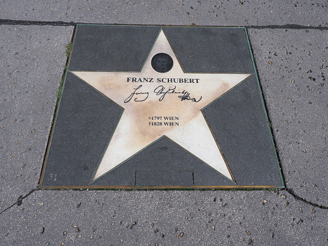 Vienna, Austria - Circa September 2022: Walk of fame star of musician Franz Schubert at Wien Musikverein concert hall