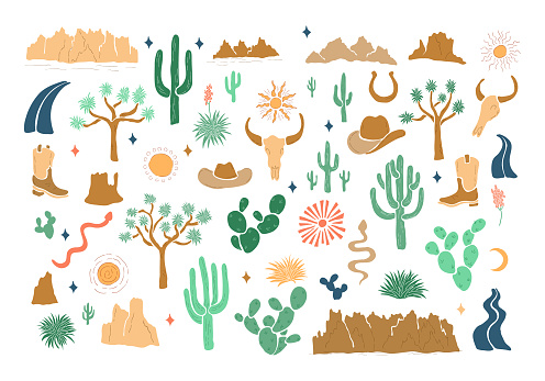 Colorful hand drawn set of desert elements. Cartoon collection of southwest american cactus and mountains. Vector isolated clipart of western illustrations on white background
