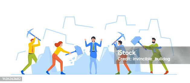 istock Business Characters Ice Breaking Activity. Group Of People With Sledgehammer Break Large Ice Lump With Woman Inside 1434263682