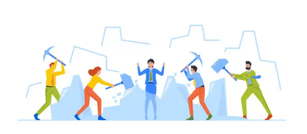 Vector illustration of Business Characters Ice Breaking Activity. Group Of People With Sledgehammer Break Large Ice Lump With Woman Inside