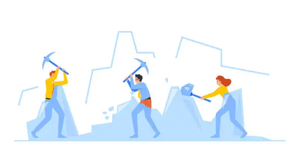 Vector illustration of Business Characters Breaking Ice Lumps, Icebreaker Group Of People Using Sledgehammers Working Hard to Break Large Ice