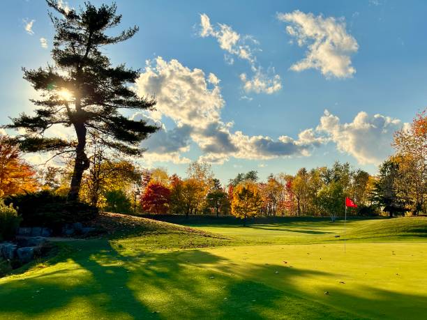 parcours de golf en automne - sports flag flag shadow golf flag photos et images de collection