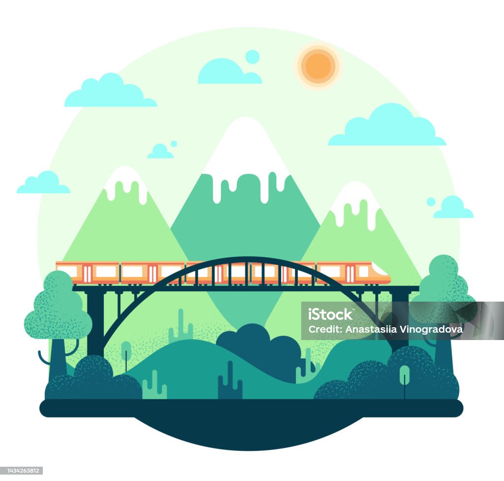 Train On The Bridge Vector Cartoon Illustration In Flat Stile Stock  Illustration - Download Image Now - iStock